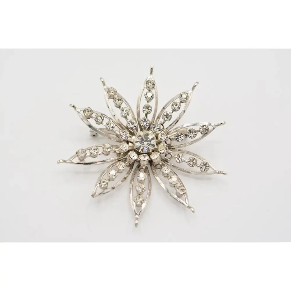 Vintage Crystal Flower Pin Brooch Baguette Prong Rhinestone Silver 1960s BinAL